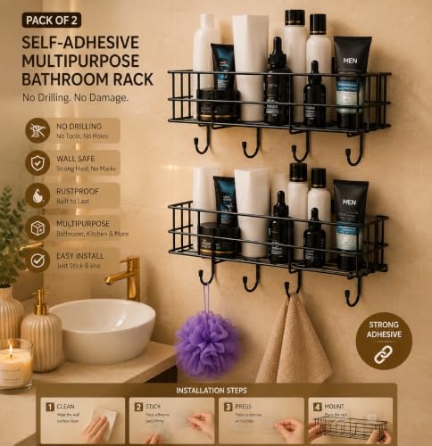 Image of Oslen (Pack of 2) Self-Adhesive Multipurpose Bathroom Shelf | Wall Mounted Bathroom Rack Organizer | No Drill Storage Shelf for Bathroom & Kitchen | Bathroom Accessories Set for Home | Black