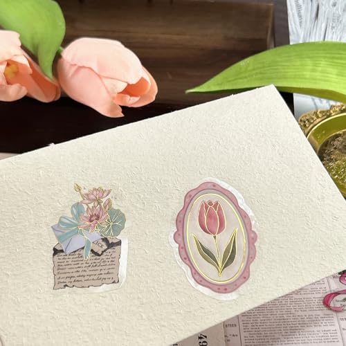 Image of 50 PCS Gold Stamp Stickers for Scrapbooking Journaling Junk Journal Scrapbook Supplies - Waterproof Transparent PET Aesthetic Decals for Resin Crafts Decorative Art Crafts (Gold Stamp)