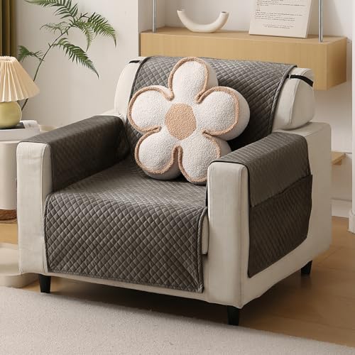 HOKIPO Quilted Velvet Sofa Cover with Pockets for 1 Seater, Taupe Brown (IN-764)