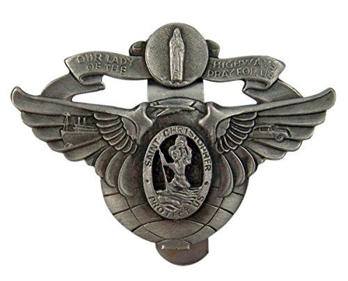 Fine Pewter Saint Christopher Travel Protection Medal with Wings Auto Visor Clip, 2 Inch