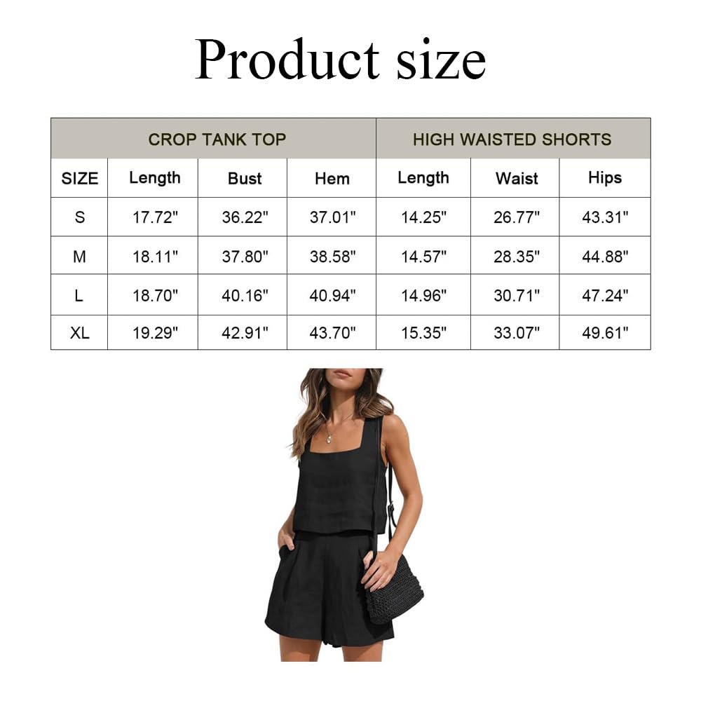Conjunto Deportivo Mujer De Lino 2 Piezas Cuello Cuadrado Sin Mangas Pantalones Cortos y Crop Top Casual Lounge Ropa Verano para Hogar Calle Viaje Vacación Negro