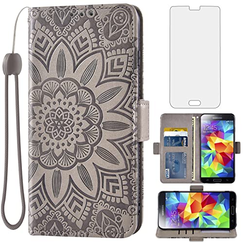 Asuwish Phone Case for Samsung Galaxy S5 with Tempered Glass Screen Protector and Flower Leather Wallet Flip Cover Card Holder Cell Glaxay S 5 Neo Gaxaly 5S Galaxies GS5 G900A G900T Boy Women Men Grey
