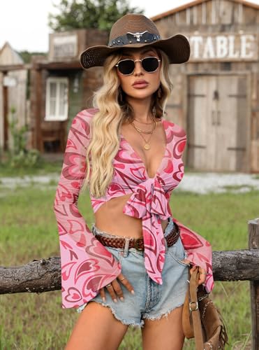 Image of For G and PL Women Tie Front Bell Sleeve Rave Crop Tops Floral Print Hippie Mesh Sheer Shirt
