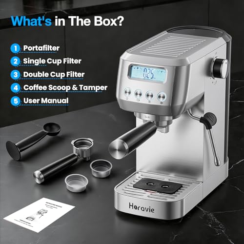 Image of Horavie Ultra Espresso Machine with LCD Display, Espresso Maker with Powerful Milk Frother, Customizable Brewing Temperature, Professional Cappuccino & Latte Machine, Gift for Men & Women