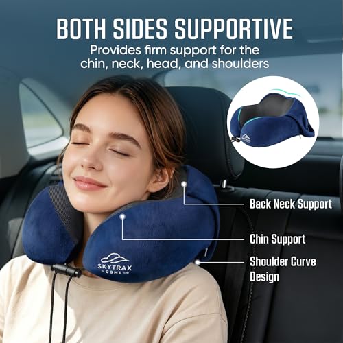 Image of SkytraxComf Travel Neck Pillow with Hood for Privacy on Long Flights | Memory Foam | Airplane Sleep | Safety-Tested Materials | Extra Large Hood | Chin Support | Earplugs | Washable Cover