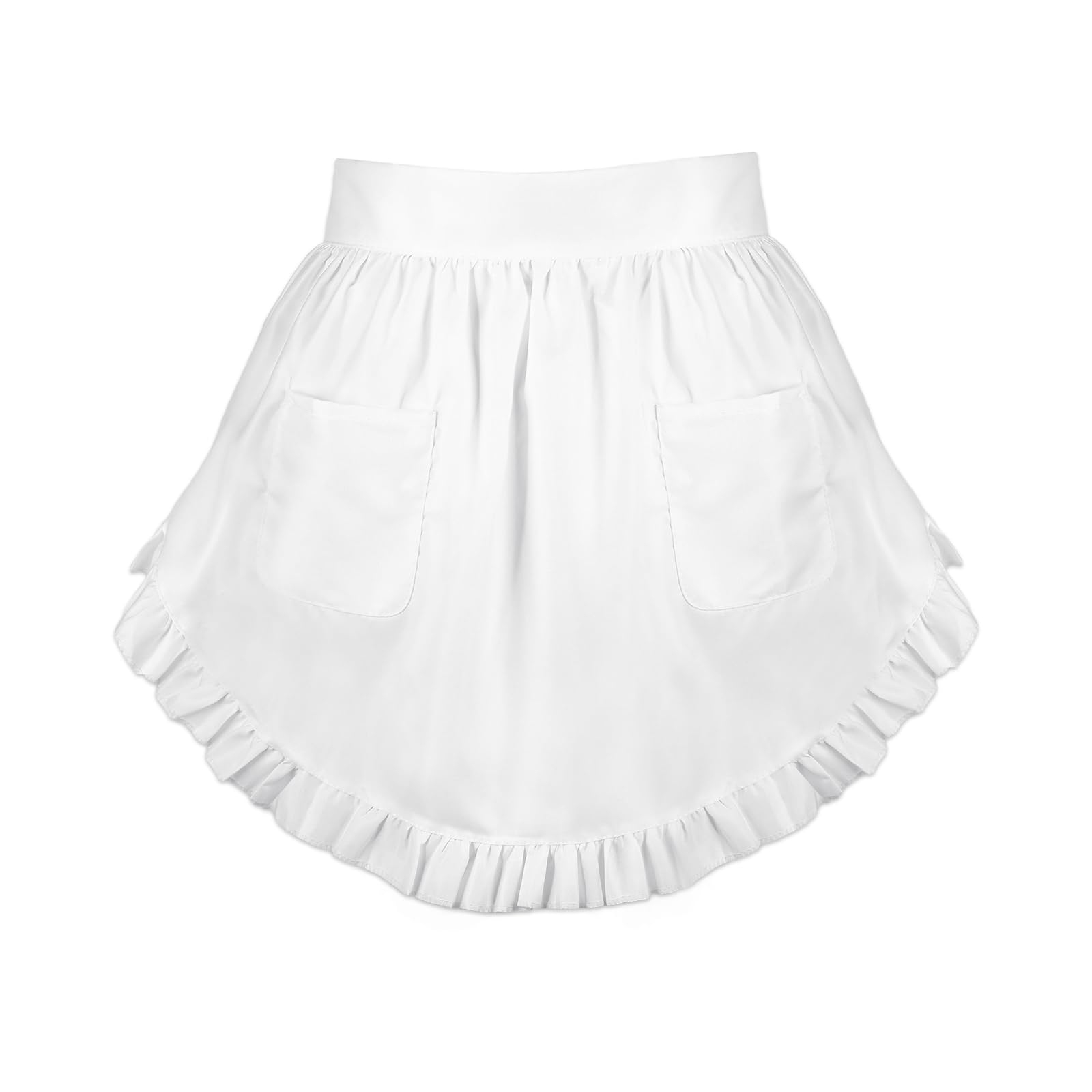 Womens Waist Apron with Pockets, Retro Ruffled Server Maid Cosplay Costume, White Half Apron for Kitchen Cooking Cleaning