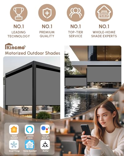 Image of Kincmo Motorized Outdoor Shades for Patio Porch, Custom Outdoor Motorized Blinds with Remote, Waterproof & Windproof Patio Shades Work with Apple Home,Alexa,Google (Medium Grey-0% Openness)