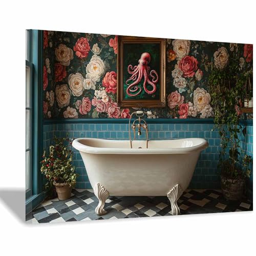 Pieuvre salle de bain florale art mural moderne rose 60x90cm
