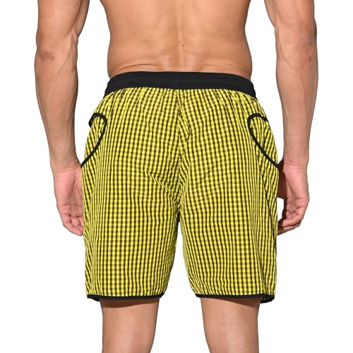 Men’s Ultra-Lightweight Pocket Board Shorts Fast Dry Surf Lining Swimwear Plaid Pattern B45704