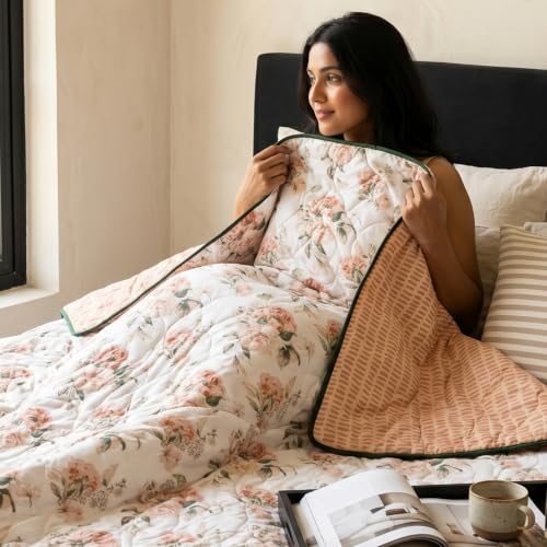 Image of HUESLAND Reversible AC Quilt Blanket Single Bed | 100% Cotton Quilted Shell, Super Soft 120 GSM Microfibre Wadding | Lightweight Comforter for All Weather Use | Blushing Blooms - 55 x 88 inches