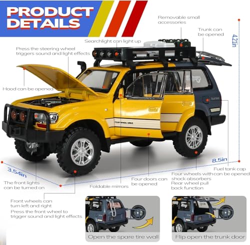 Image of 1:24 Scale Diecast Land Cruiser LC80 Model Car - Metal Pull Back Toy with Opening Doors, Lights & Sounds - Collectible Toy SUV for Boys Age 3-8, Certified Safe Gift for Kids (Yellow)