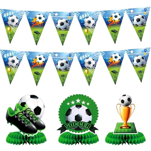 JOVYTH Set de 3 Adornos de Panal de Fútbol,1 Banderín Triangular de Fútbol–Decoración de Fútbol para Cumpleaños,Decoración para Cumpleaños de Niños y Niñas,Decoración de Cumpleaños Temática de Fútbol