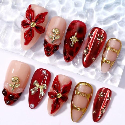 24Pcs Flower Press on Nails Medium Almond Fake Nails with 3D Bow Rose Gold Beads Designs Glossy Wine Red French Nail Tip Pearl Floral False Luxury Stick on Fingernails Cute Exquisite Fashion for Women