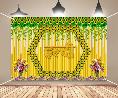Image of DARSHANAM WORLD Wedding Decorative Cloth for Haldi & Mehndi Ceremony, Photoshoot, Haldi Background Enhancer for Mehndi Ceremony (8x5 ft, 3D Printed Backdrop with Floral & Logo Design) (Yellow)