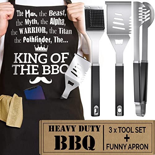 Fun BBQ Gifts for Men – Funny 4Pcs Set BBQ Tools Grilling Accessories – Heavy Duty Stainless Steel Utensil Set with Funny Aprons for Men – BBQ Accessories, Ideal BBQ Gifts Grill Sets