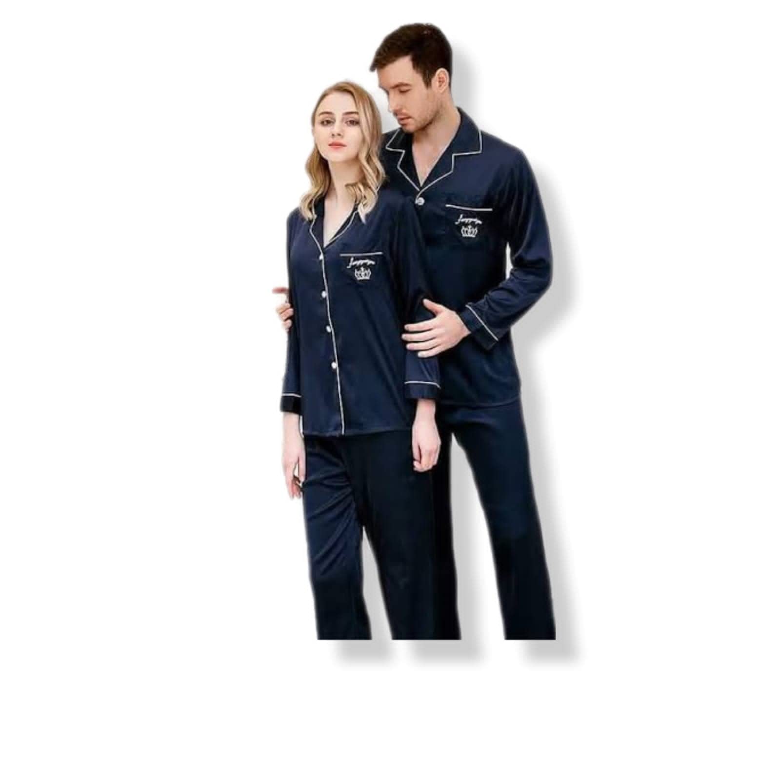 Couple Silky Satin Loungewear Nightwear Set for Men and Women | Luxurious & Comfortable Fit Shirt and Pajama Nightwear Dress Set of 2- Blue-image-9