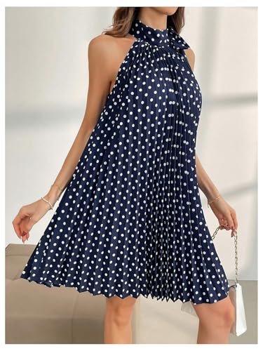 Image of MakeMeChic Women's Polka Dots Halter Dress Tie Sleeveless Pleated A Line Flare Mini Dresses Light Blue X-Large
