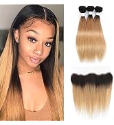 Straight Ombre Human Hair Bundles with Frontal,100% Human Hair Bundles With Lace Frontal,Ombre Ha...