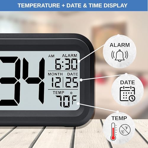 Image of Jamboree!!! Digital Black Clock Large Display with Calendar for Home Office Travel Table Snooze Electronic LED Desktop Clock with Temperature