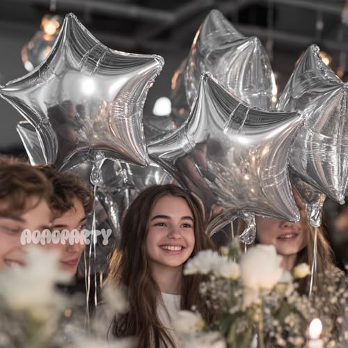 Image of 25Pcs Silver Star Shaped Foil Mylar Helium Balloons 18 Inch for Birthday Wedding Anniversary Engagement Party Decorations Supplies