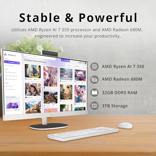 Image of HP 27 inch FHD Touchscreen All-in-One Desktop, Ryzen AI 7 350, 32GB DDR5, 3TB Storage (2TB SSD+1TB Docking Station), AMD Radeon 680M, Wi-Fi 6, Webcam, Wireless Keyboard & Mouse, Win 11 Home, White
