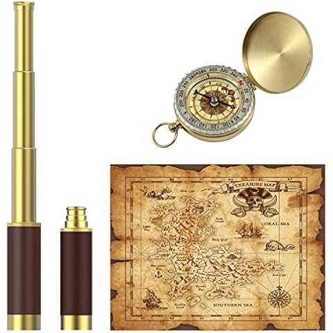 Pirate Monocular Telescope Treasure Map Pocket Compass Party Accessory Set for Pirate Party, High Powered Collapsible Spyglass with Pirate Treasure Map Pocket Compass for Pirate Party Supplies Cover