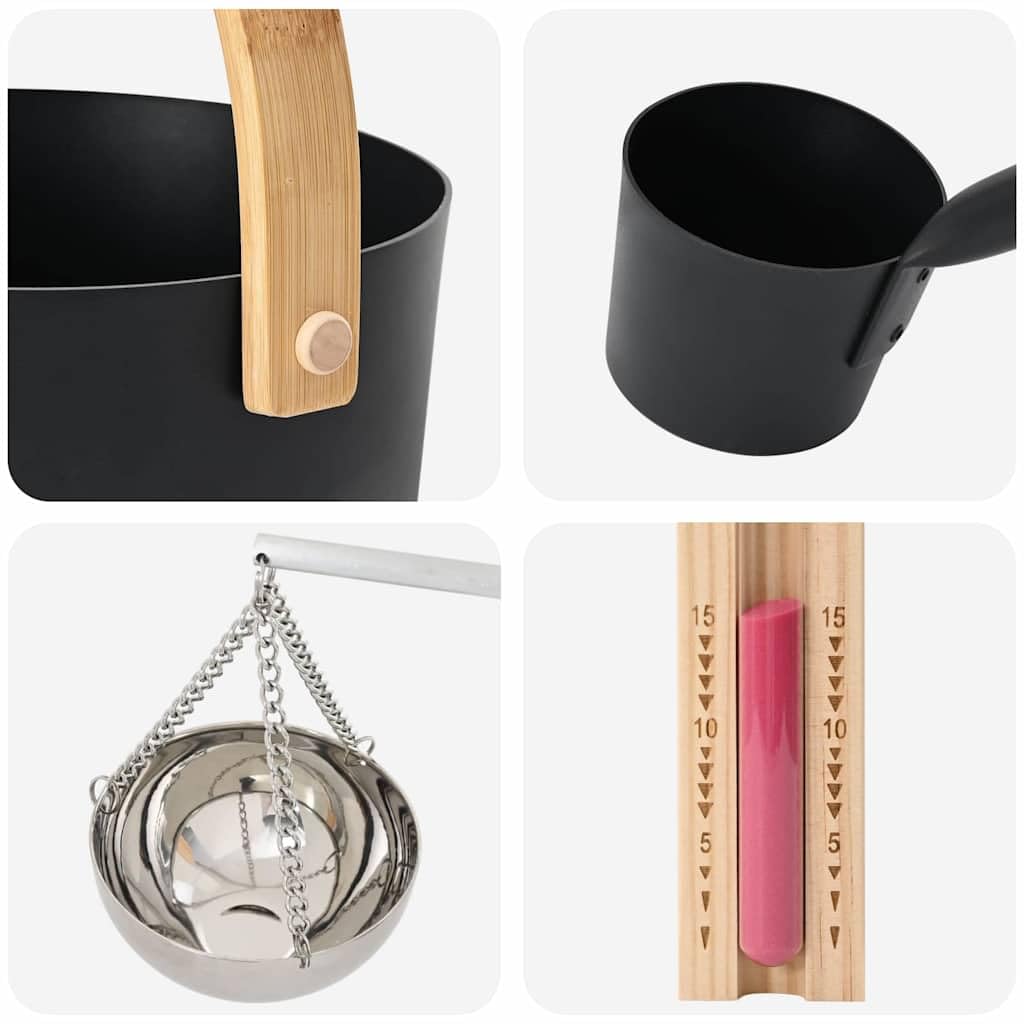 Set di accessori per sauna, 5 pezzi, nero, in alluminio e legno di pino, secchio per sauna, igrometro, termometro, clessidra, ciotola per aromi, mestolo per interni, benessere e relax