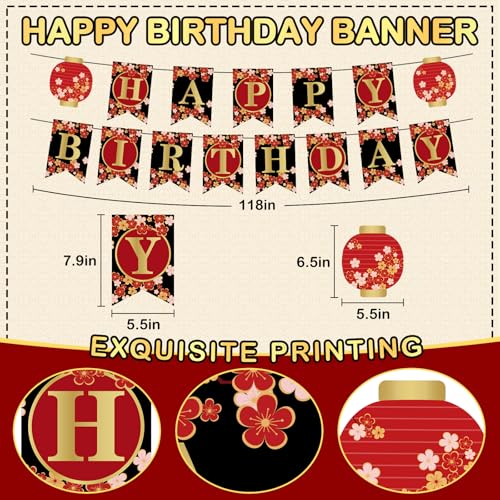 Image of 14Pcs Hibachi Party Decorations, Japanese Lanterns with Cherry Blossom Patterns, Tissue Paper Pom Poms, Round Paper Fans & Happy Birthday Banner Set for Japanese Party Asian Theme Decor