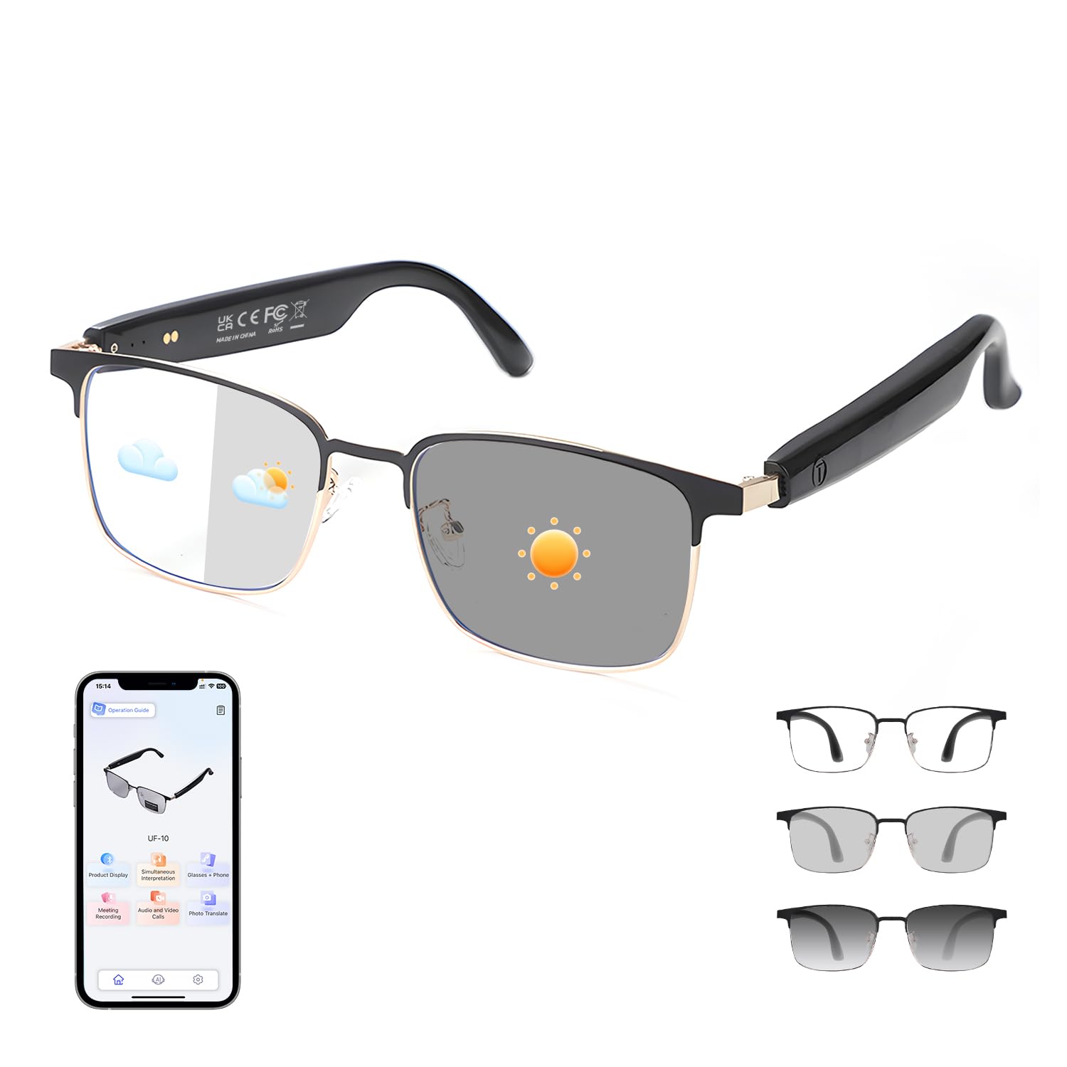 AI Smart Glasses for Men Women with Chat GPT Bluetooth Translation Glasses with 169 Languages Color-Change Lenses Open-Ear