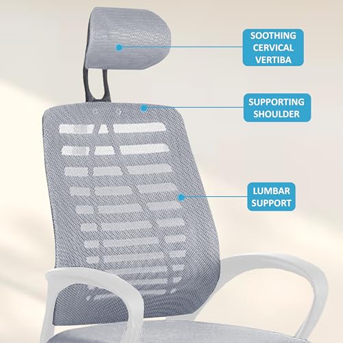Image of NORMAN JR,Mesh Office Desk Chair,Rocking Chairs Ergonomic Computer Chair Adjustable High with Headrest and Comfortable Armrest Swivel - Grey & White Handle