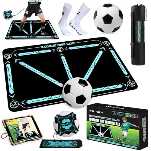 YUJUVI Fußballmatte Trainingsmatte Fußball 60x90 cm Schritt Trainingsmattem mit Fussball und Socken Set Rutschfeste Schritt Trainingsmatte Ballkontrolle Stoßdämpfende Fussball Matte (gradient blue)