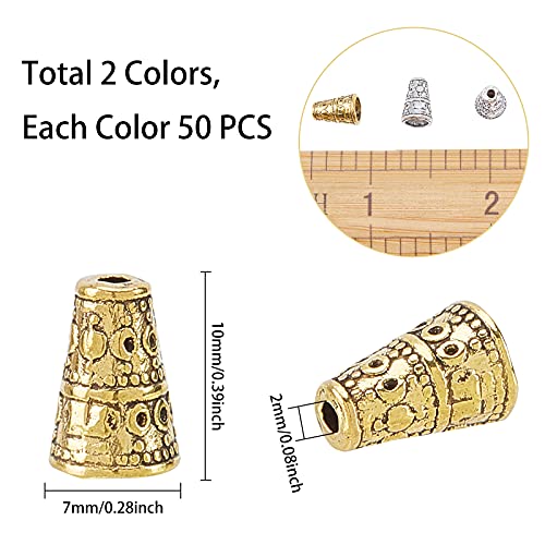 SUPERFINDINGS 100PCS 2 Colors Tibetan Style Bead Cone Alloy Bead End Caps Antique Spacer Beads Caps Cone for DIY Jewelry Making 10x7mm - Image 2