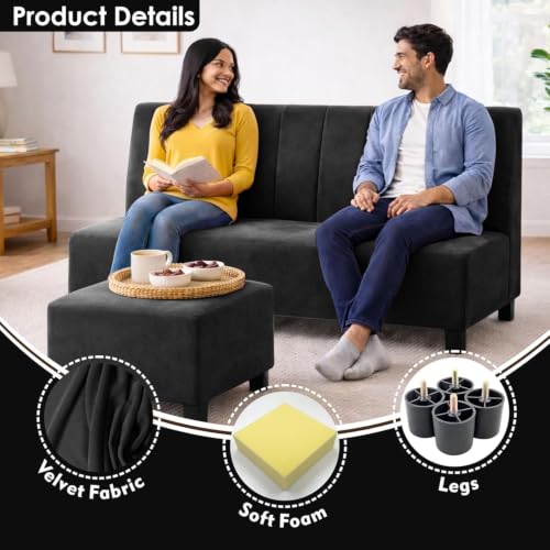 Image of Rosebell Sofa Set with Ottoman Combo Two Seater Sofa Set with Matching Footrest for Living Room & Bedroom, Guest Room - Black