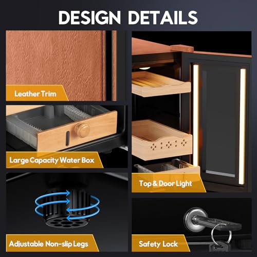 Image of Tylza Leather Trim Cigar Humidor, 25L Cigar Humidor Cabinet with Auto Humidity & Temp Control, 220 Counts, 3 LED Lights, Spanish Cedar Wood, Cigar Humidors with Safety Lock, Gifts for Men