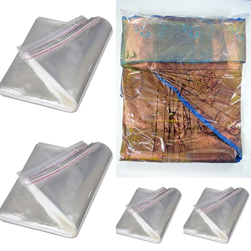 Prabhas Designs Saree Covers used for pre pleated sarees Large Size-14x18 inches || Transparent Polythene Bags for Saree Packing Clothes || Self-Adhesive Bopp Pouches With 2 Inch Base (50)