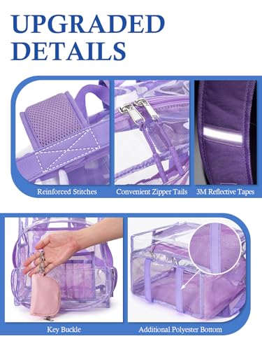 Image of Clear Backpack for School, 17 inch Large Heavy Duty-TPU See Through Bookbag for Boys Girls and Adult, Transparent Backpack With Multi-Pockets for College Work Gym Sport, Light Purple