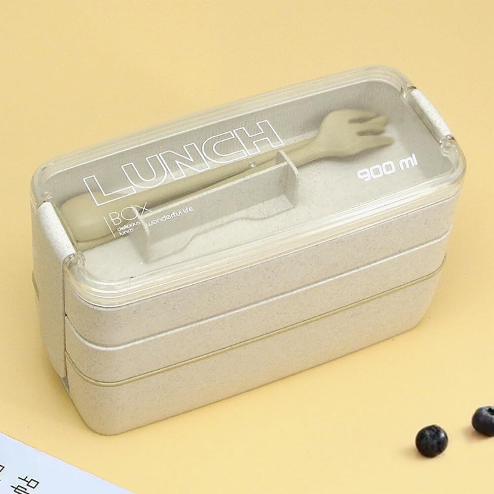 Adult Lunch Box Square 3 Compartment 900ML Sealed Bento Box 3 Layers All-in-One Stackable Bento Box Containers with Fork Spoon for Home Travel Office Plastic Lunch Box (Beige)