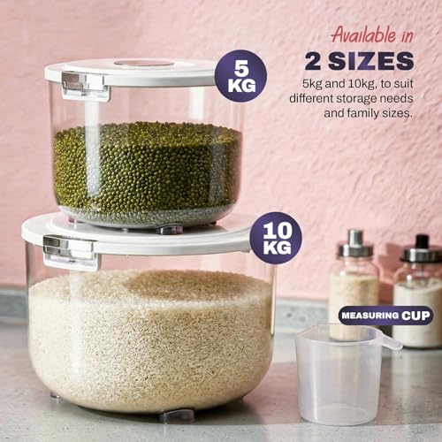 Image of Zuhi Airtight Rice Storage Dispenser Container | Moisture-Proof BPA-Free Food Storage Jar for Rice, Cereals, Grains & Pulses | Transparent Grocery Container with Flip Lid & Measuring Cup (5 Kg)