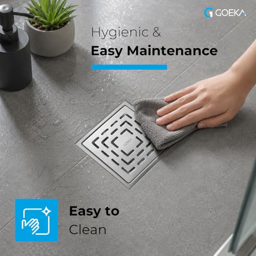 Image of GOEKA Sapphire Square Flat Cut Floor Drain | 304-Grade Stainless Steel Waste Water Drain Channel with Anti-Cockroach Trap | 6 x 6 Inches Bathroom, Kitchen & Balcony Jali
