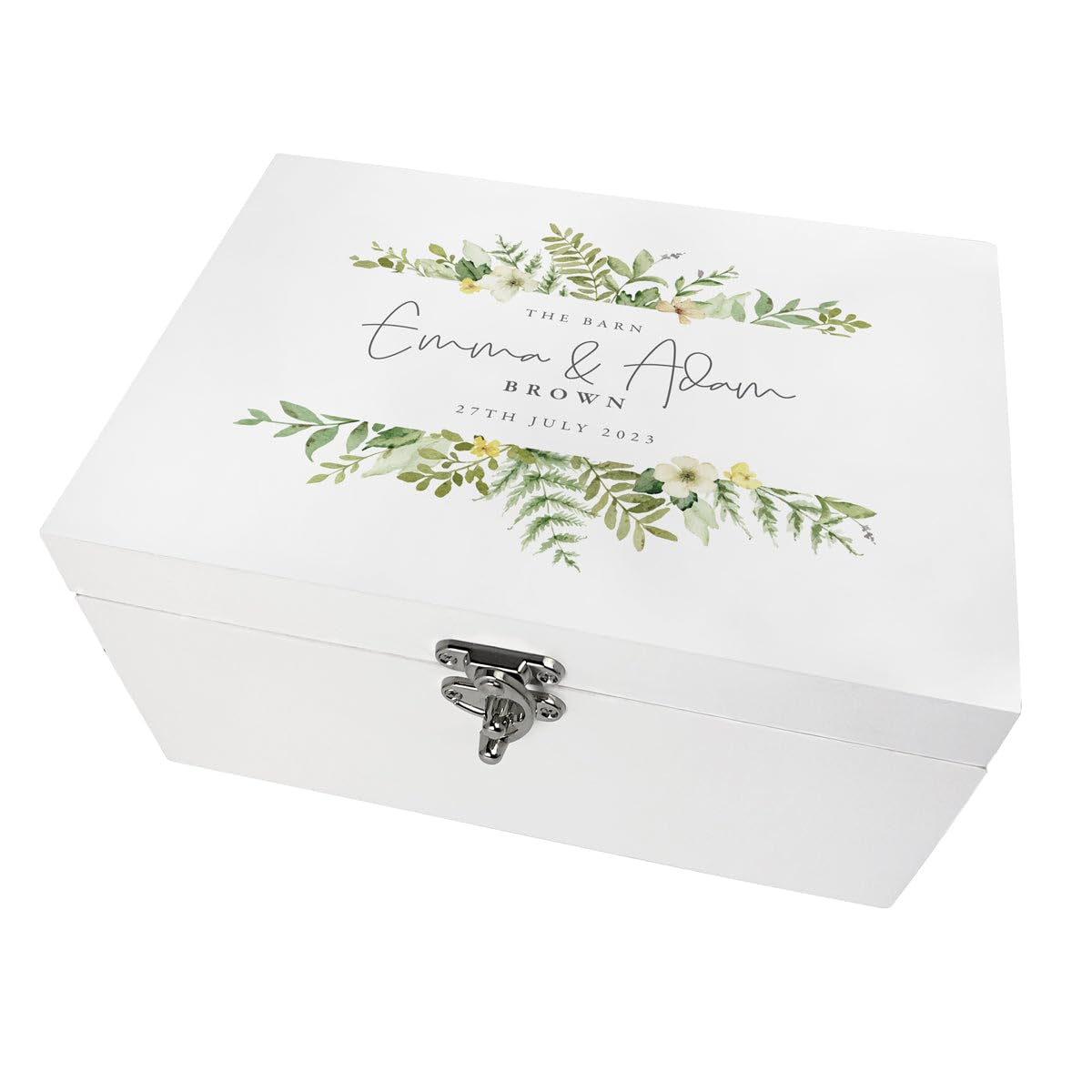 Personalised White Wooden Floral Wedding Keepsake Box | Custom Names, Surname and Date | Couple Wedding Gift | 30cm x 23cm x 18cm