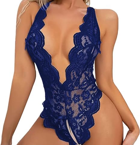 Mujeres Ropa Interior Conjunto Halter Lace Babydoll Mini Body Cuello en V Lencería de Encaje para Mujer Body de Una Pieza Conjunto de Lencería,Azul