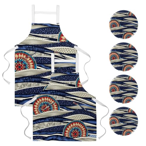 Lot de 2 tabliers de cuisine avec 4 broches motif fleurs mandalas