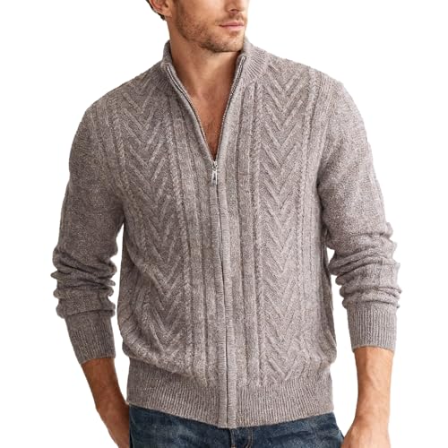 Men's 100% Wool Full-Zip Sweater Mid-Weight Cable Knit Cardigan