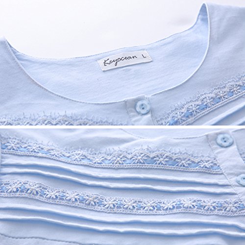 Keyocean Nightgown for Women, 100% Cotton Long Sleeves Lightweight Comfy Ladies Sleeping-Gown, Light Blue, Large