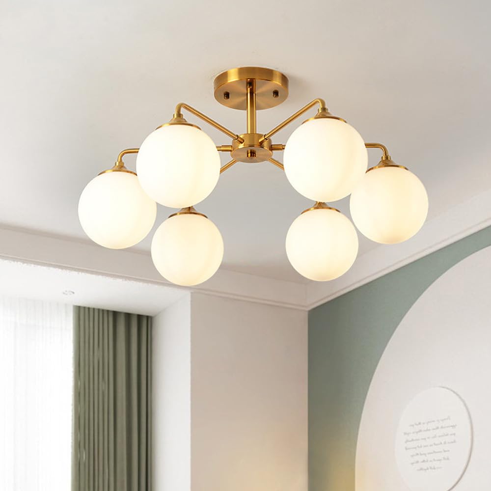Plafonnier 6 globes en verre opalin au design architectural épuré - 8