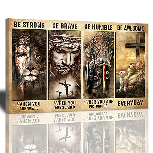 Jesus Decor Wall Art Christian Religious Painting Canvas Cross Warrior Lion And Lamb Be Brave Prints Artwork Best Gift Inspirational Wall Decoration Horizontal Poster Framed For Bedroom Living Room #TOP5