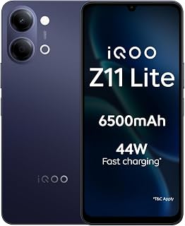 iQOO Z11 Lite 44W 5G (Midnight Blue, 4GB RAM, 128GB Storage) | 6500mAh Battery with 44W Fast Charging* | Dimensity 6300 with 579k+ AnTuTu Score* | OriginOS 6.0 with AI Creation* & Private Space*