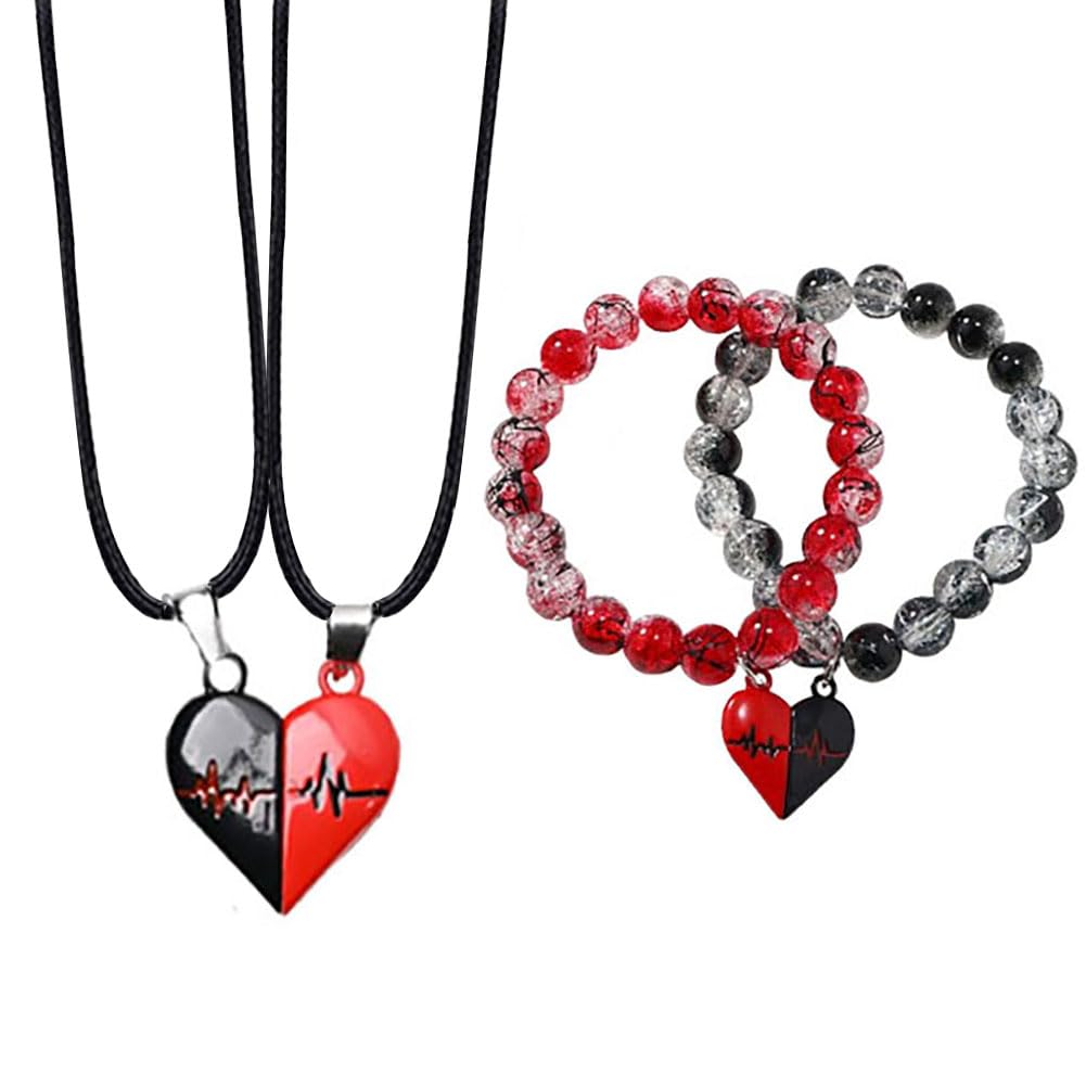 2Pcs Heart Necklace Bracelet Matching Jewelry Set Heart Beat Pendant Necklaces Heartbeat Beaded Bracelets for Women Men Couple Lifeline Jewelry Gifts Black Red