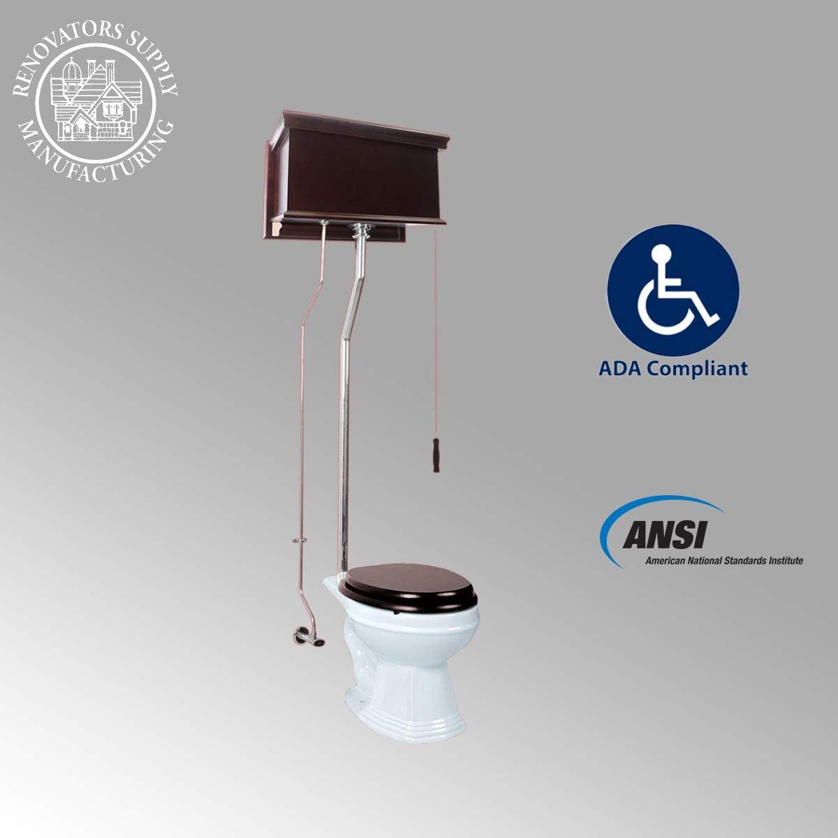 Exclusive Discount 50% Price Renovators Supply Manufacturing Dark Oak Flat Panel High Tank Pull Chain Toilet with Black China Elongated Toilet Bowl and Chrome Z-Pipe