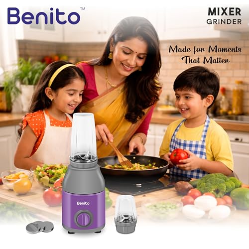 Image of Benito PRESSIO Nutri Mixer Grinder 550 watt with 2 Jars | Durable Shockproof ABS Body | Powerful Motor with Advanced Grinding Technology | Elegant Purple & Grey Finish come with 1-Year Warranty